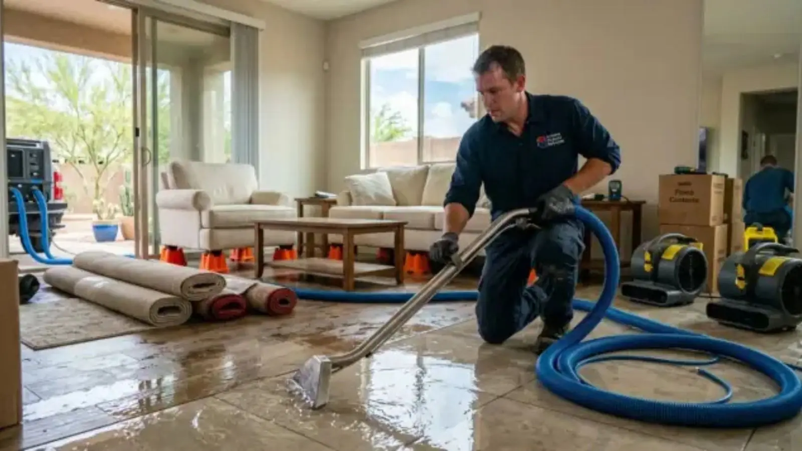 Technician extracting water from a living room floor with a hose, air movers and rolled-up rugs